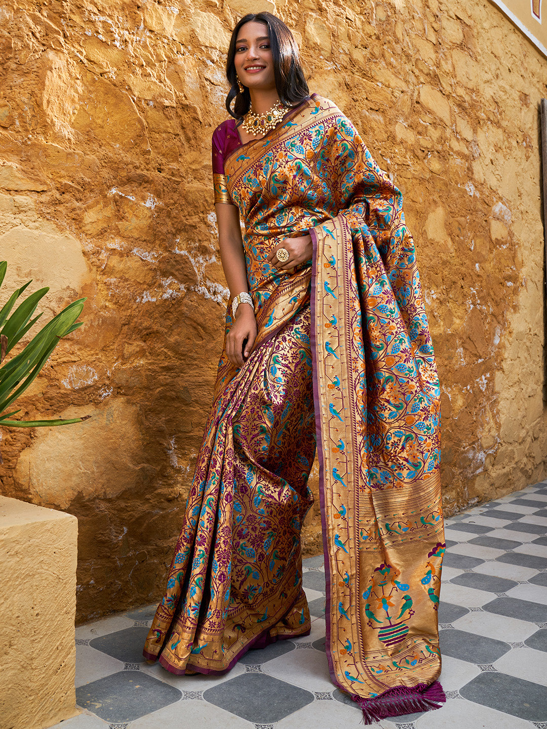 Janasya Wine Paithani Silk Woven Bagh Design Paithani Silk Saree - Distacart