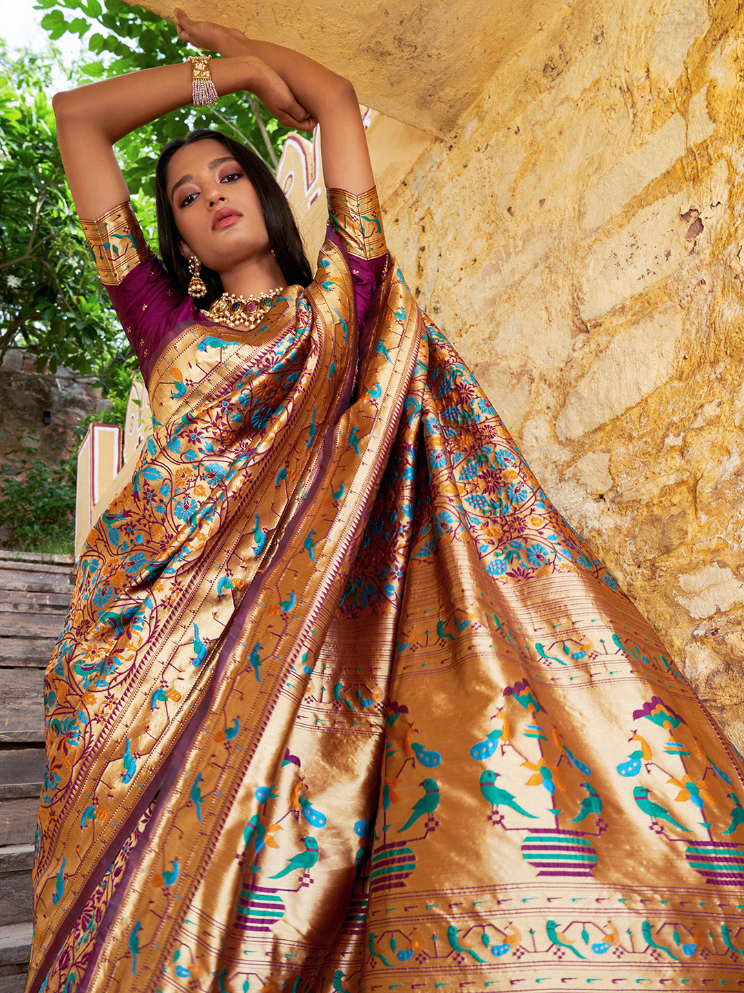 Janasya Wine Paithani Silk Woven Bagh Design Paithani Silk Saree - Distacart
