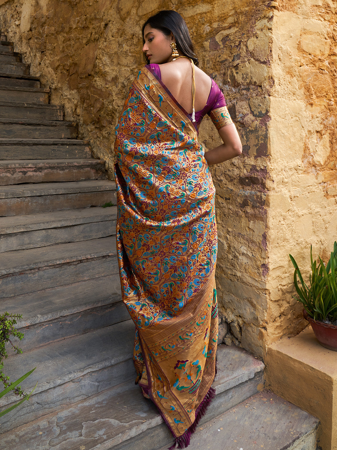 Janasya Wine Paithani Silk Woven Bagh Design Paithani Silk Saree - Distacart