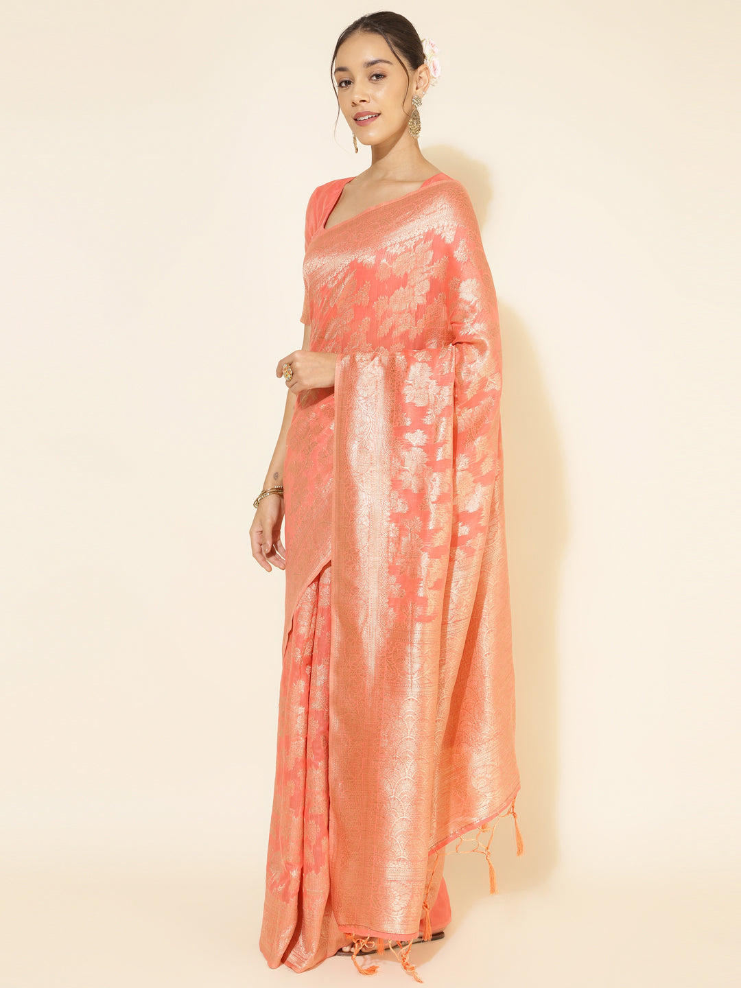 Janasya Peach Chanderi Silk Floral Woven Design Saree - Distacart