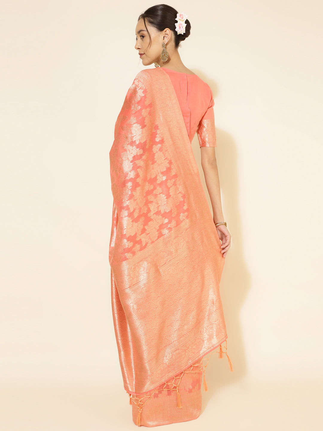 Janasya Peach Chanderi Silk Floral Woven Design Saree - Distacart