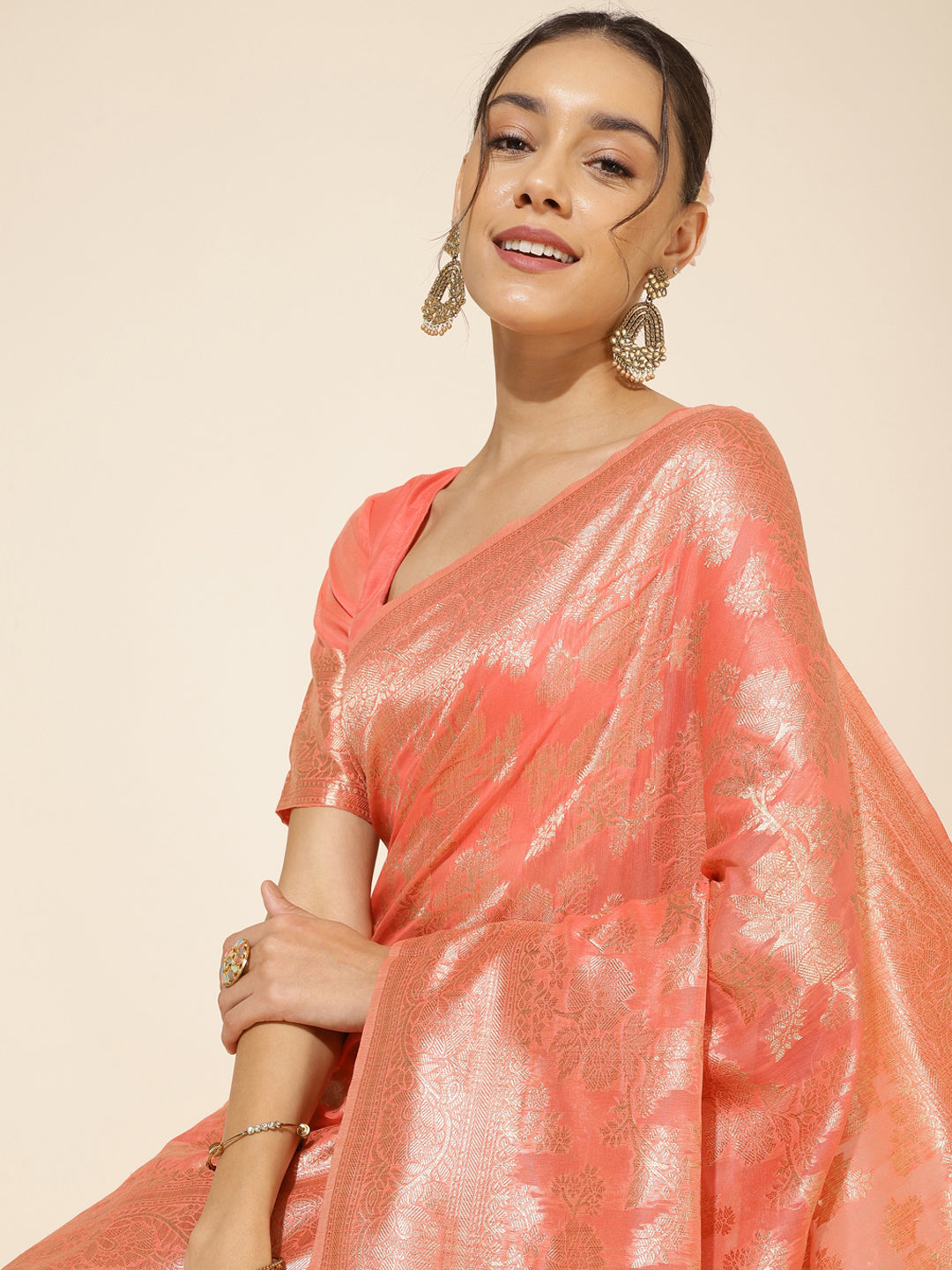 Janasya Peach Chanderi Silk Floral Woven Design Saree - Distacart