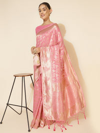 Thumbnail for Janasya Light Pink Chanderi Silk Floral Woven Design Saree - Distacart