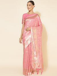 Thumbnail for Janasya Light Pink Chanderi Silk Floral Woven Design Saree - Distacart