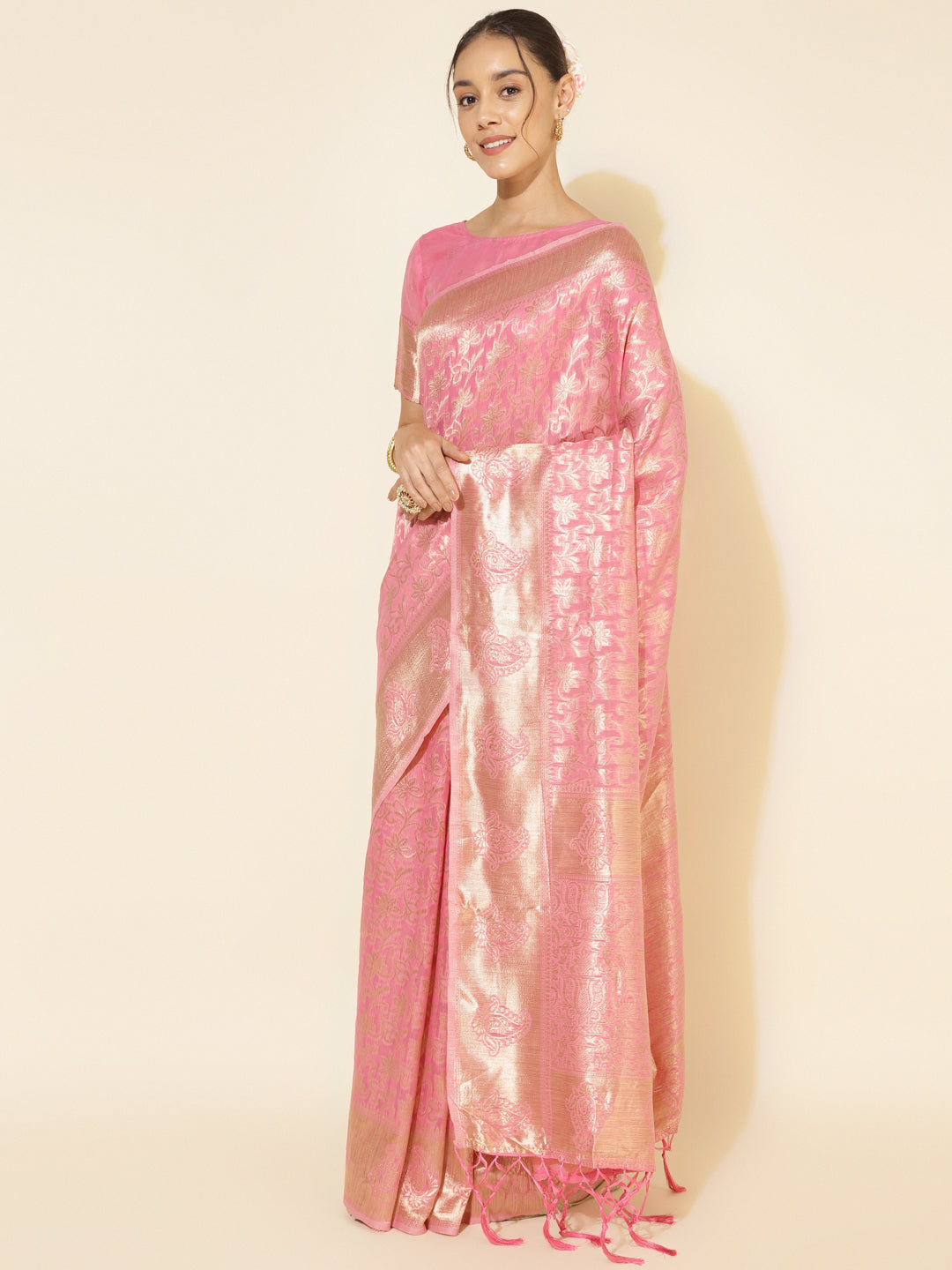Janasya Light Pink Chanderi Silk Floral Woven Design Saree - Distacart