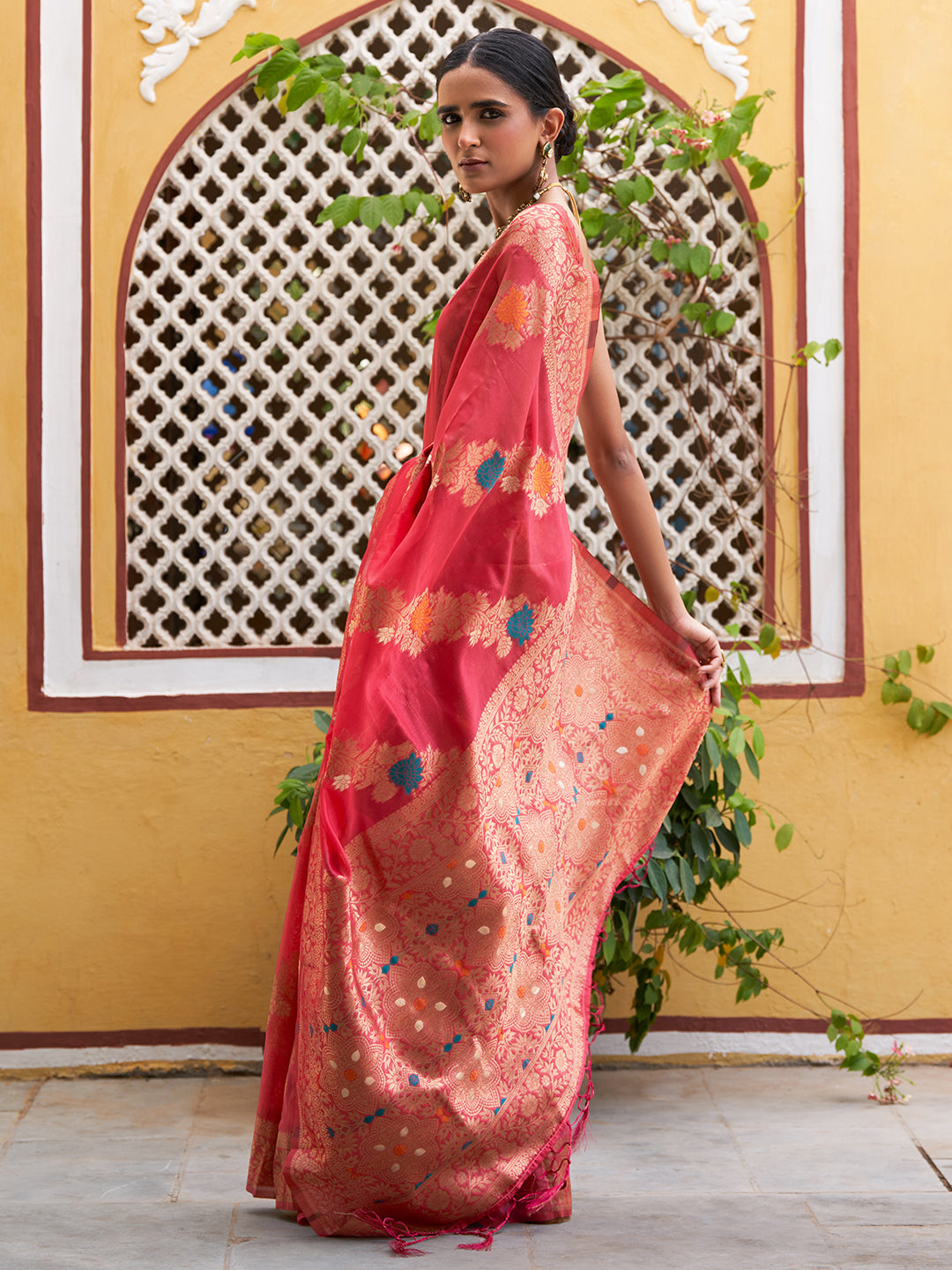 Janasya Pink Organza Woven Leheriya Kanjeevaram Saree - Distacart