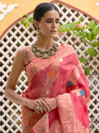 Thumbnail for Janasya Pink Organza Woven Leheriya Kanjeevaram Saree - Distacart