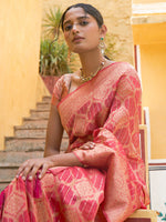 Thumbnail for Janasya Pink Organza Woven Ethnic Motifs Kanjeevaram Saree - Distacart