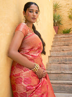 Thumbnail for Janasya Pink Organza Woven Ethnic Motifs Kanjeevaram Saree - Distacart