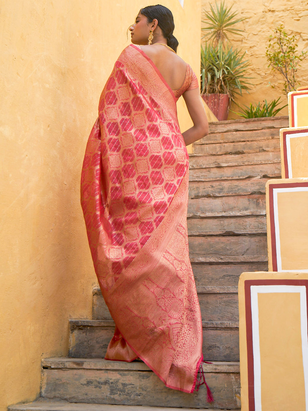 Janasya Pink Organza Woven Ethnic Motifs Kanjeevaram Saree - Distacart
