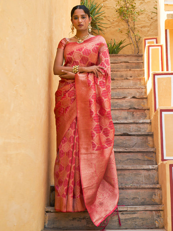 Janasya Pink Organza Woven Ethnic Motifs Kanjeevaram Saree - Distacart