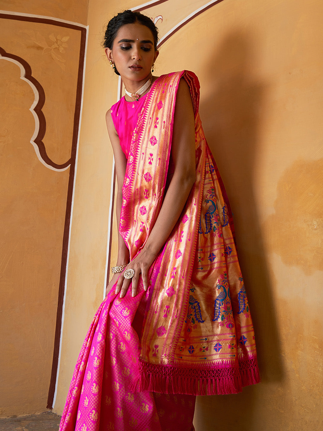 Janasya Fushia Pink Paithani Silk Woven Ethnic Motifs Paithani Silk Saree - Distacart