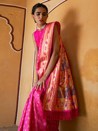 Thumbnail for Janasya Fushia Pink Paithani Silk Woven Ethnic Motifs Paithani Silk Saree - Distacart