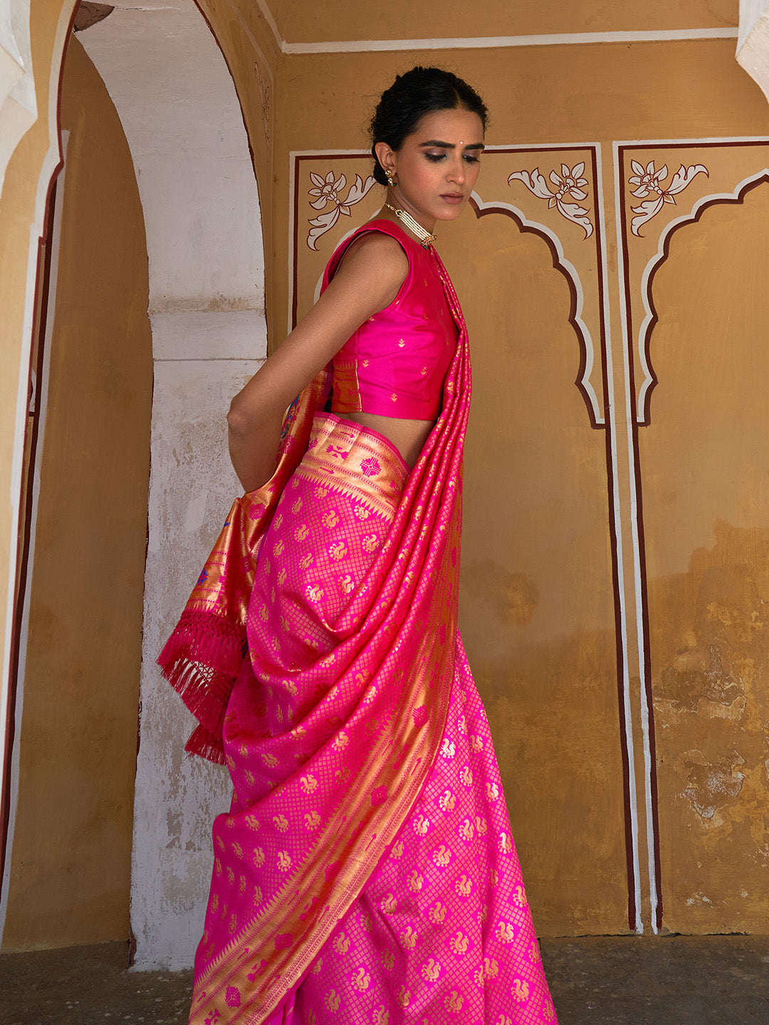 Janasya Fushia Pink Paithani Silk Woven Ethnic Motifs Paithani Silk Saree - Distacart