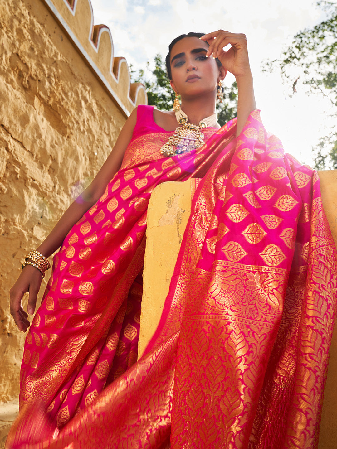 Janasya Rani Pink Banarasi Silk Ethnic Motifs Woven Design Saree - Distacart