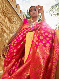 Thumbnail for Janasya Rani Pink Banarasi Silk Ethnic Motifs Woven Design Saree - Distacart