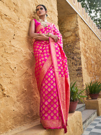 Thumbnail for Janasya Rani Pink Banarasi Silk Ethnic Motifs Woven Design Saree - Distacart
