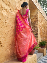 Thumbnail for Janasya Rani Pink Banarasi Silk Ethnic Motifs Woven Design Saree - Distacart