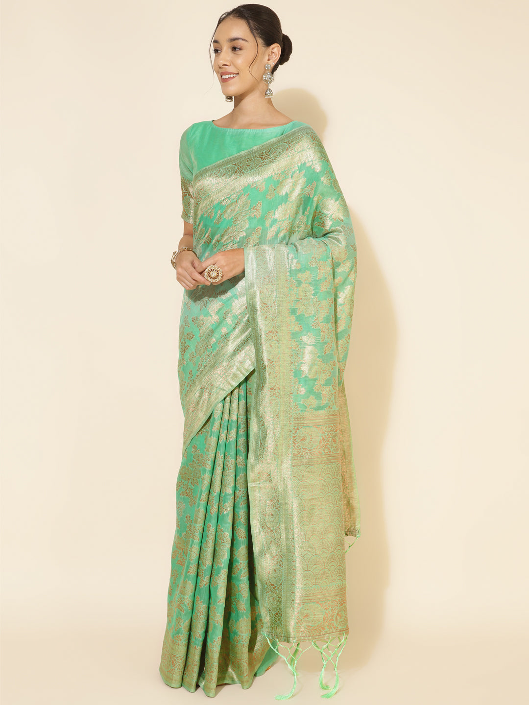 Janasya Green Chanderi Silk Floral Woven Design Saree - Distacart
