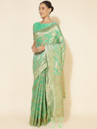 Thumbnail for Janasya Green Chanderi Silk Floral Woven Design Saree - Distacart
