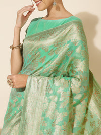 Thumbnail for Janasya Green Chanderi Silk Floral Woven Design Saree - Distacart