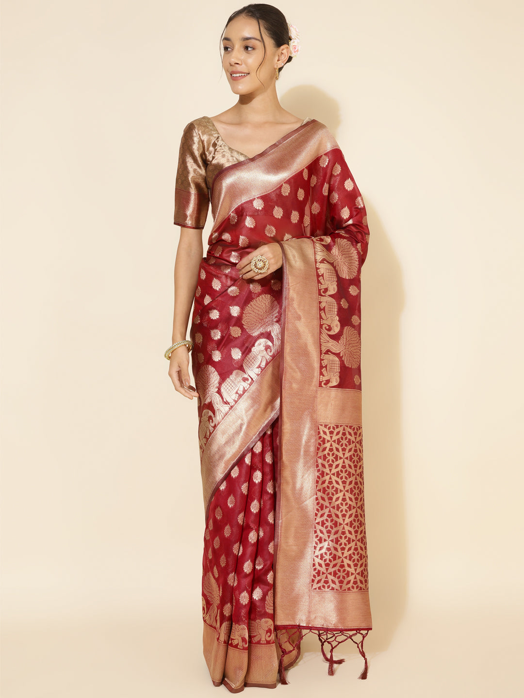 Janasya Maroon Organza Woven Ethnic Motifs Kanjeevaram Saree - Distacart