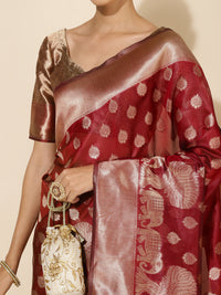 Thumbnail for Janasya Maroon Organza Woven Ethnic Motifs Kanjeevaram Saree - Distacart