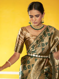 Thumbnail for Janasya Dark Green Organza Woven Ethnic Motifs Kanjeevaram Saree - Distacart