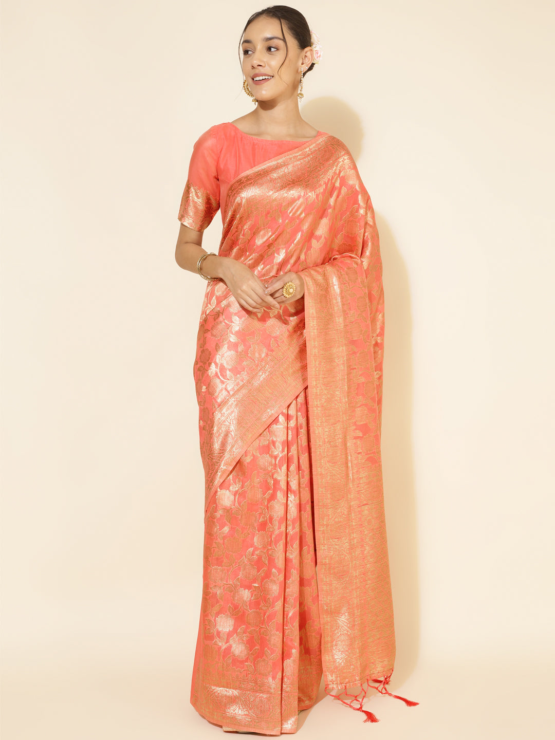 Janasya Peach Chanderi Silk Floral Woven Design Saree - Distacart