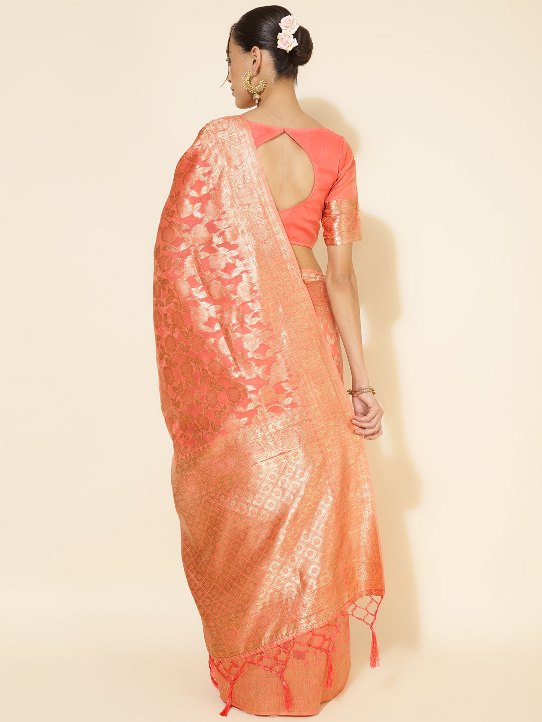 Janasya Peach Chanderi Silk Floral Woven Design Saree - Distacart