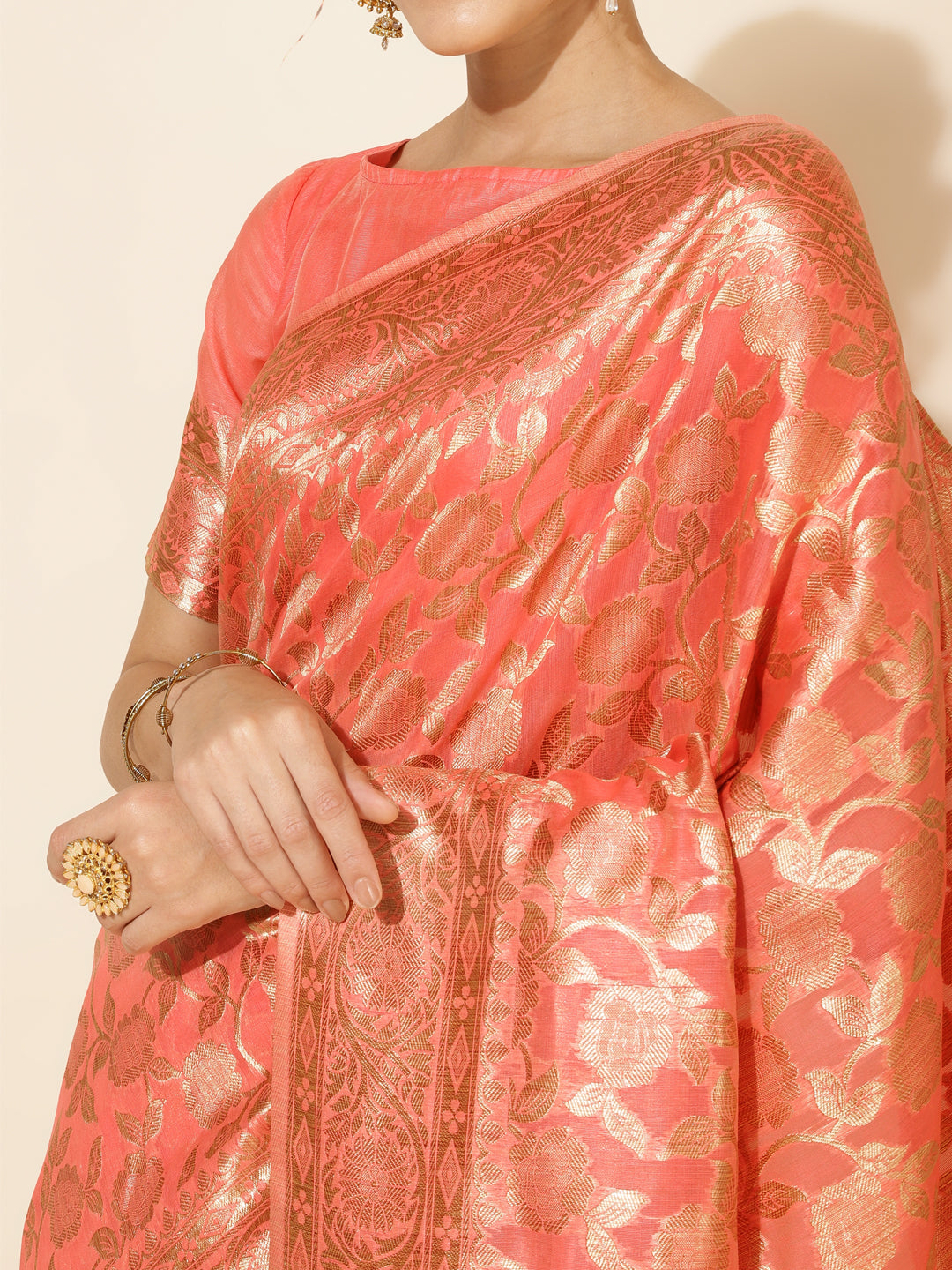 Janasya Peach Chanderi Silk Floral Woven Design Saree - Distacart