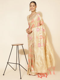 Thumbnail for Janasya Cream Chanderi Silk Ethnic Motifs Woven Design Saree - Distacart