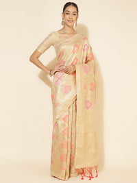 Thumbnail for Janasya Cream Chanderi Silk Ethnic Motifs Woven Design Saree - Distacart