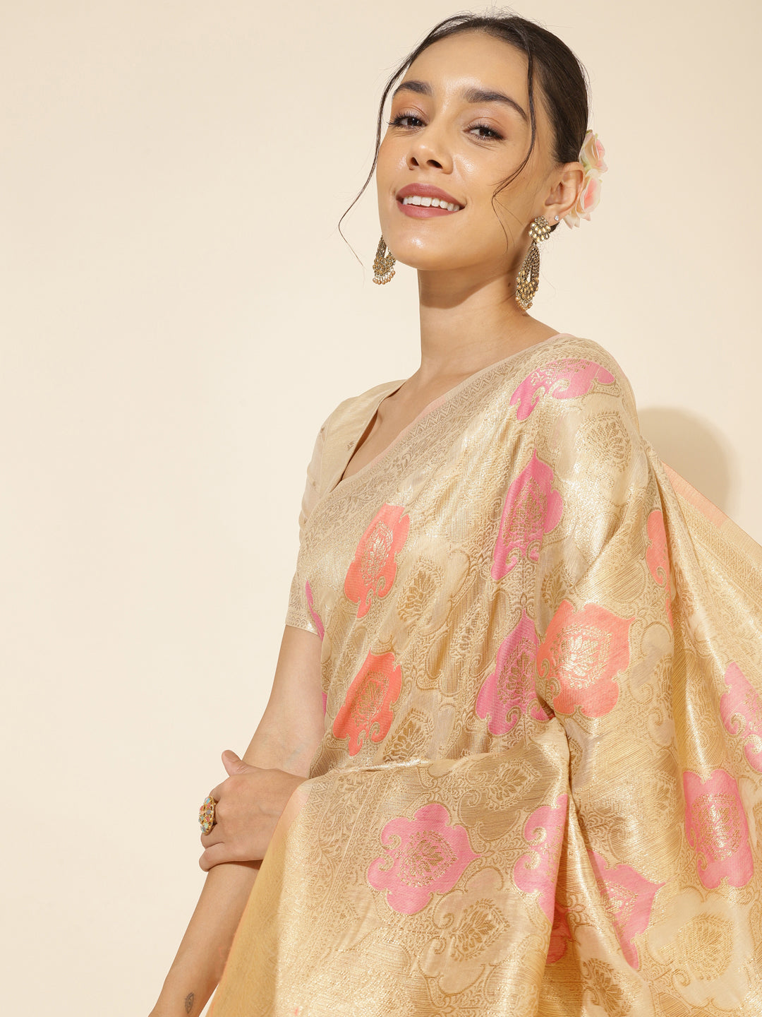 Janasya Cream Chanderi Silk Ethnic Motifs Woven Design Saree - Distacart
