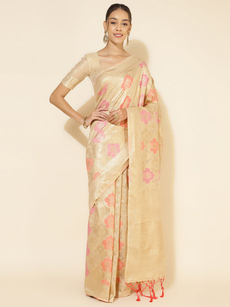 Janasya Cream Chanderi Silk Ethnic Motifs Woven Design Saree - Distacart