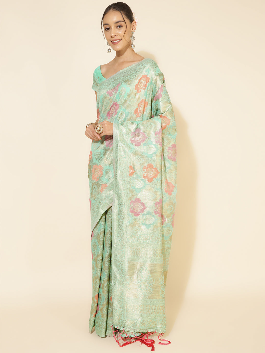 Janasya Sea Green Chanderi Silk Ethnic Motifs Woven Design Saree - Distacart