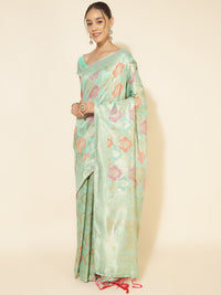 Thumbnail for Janasya Sea Green Chanderi Silk Ethnic Motifs Woven Design Saree - Distacart