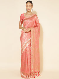 Thumbnail for Janasya Peach Chanderi Silk Floral Woven Design Saree - Distacart