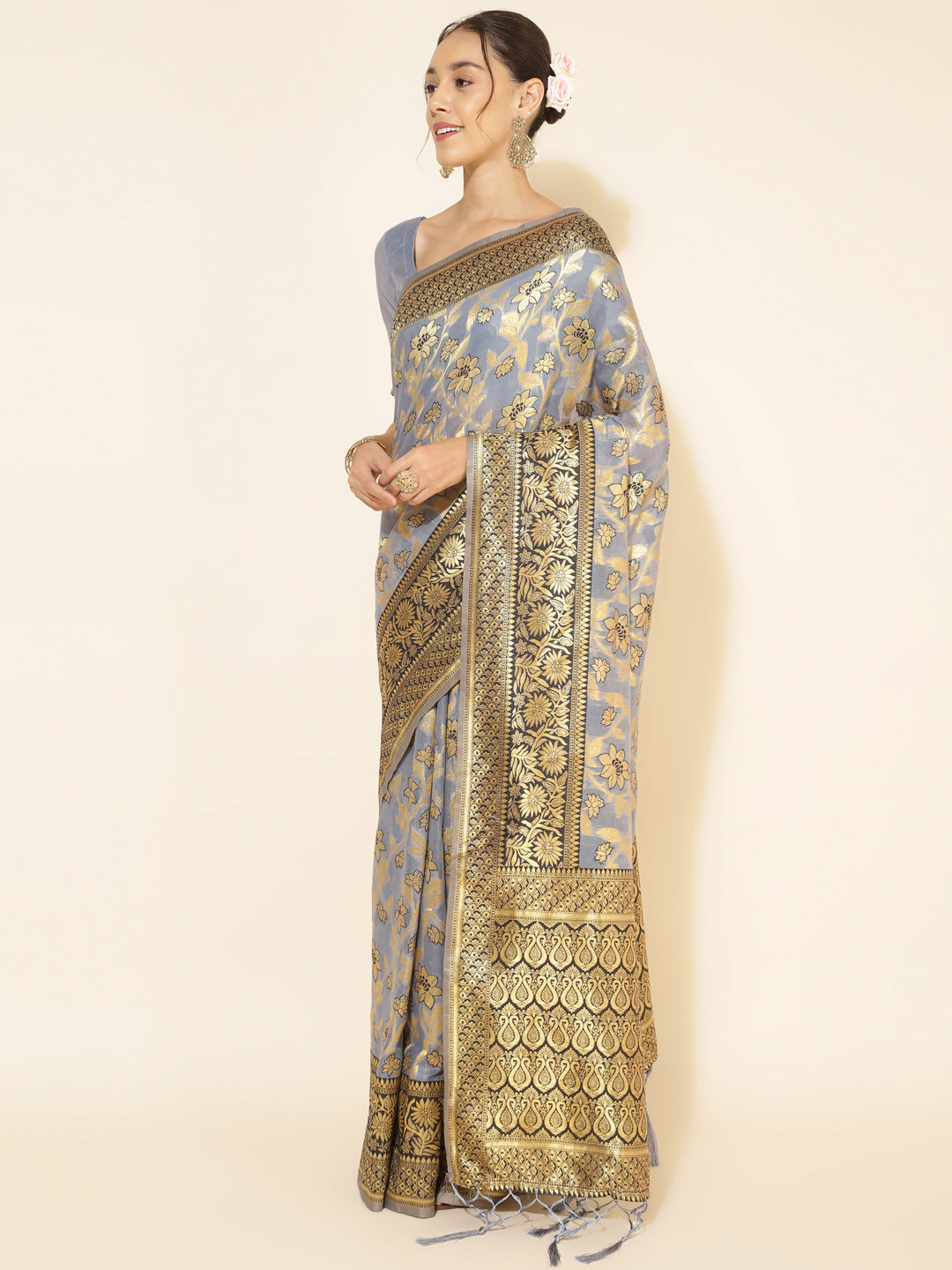 Janasya Grey Chanderi Silk Floral Woven Design Saree - Distacart