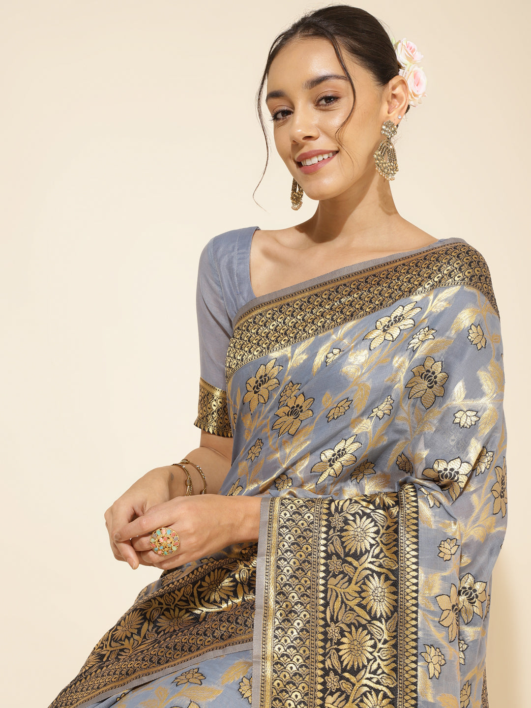 Janasya Grey Chanderi Silk Floral Woven Design Saree - Distacart