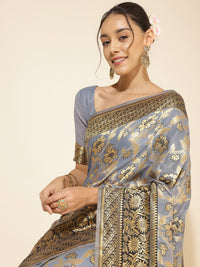 Thumbnail for Janasya Grey Chanderi Silk Floral Woven Design Saree - Distacart