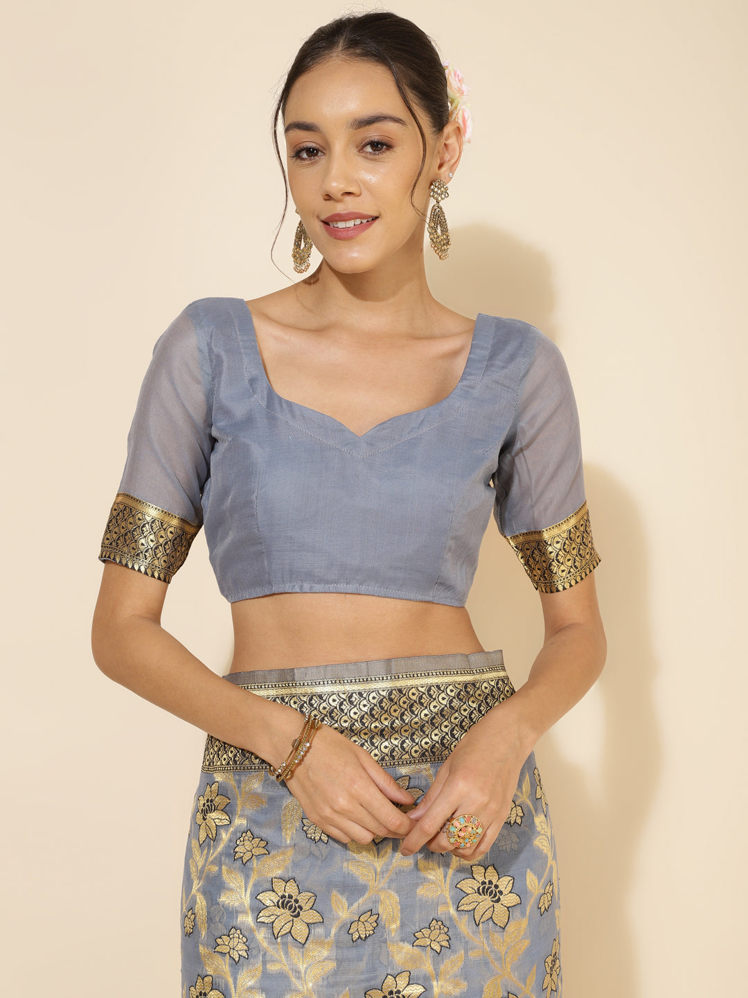 Janasya Grey Chanderi Silk Floral Woven Design Saree - Distacart