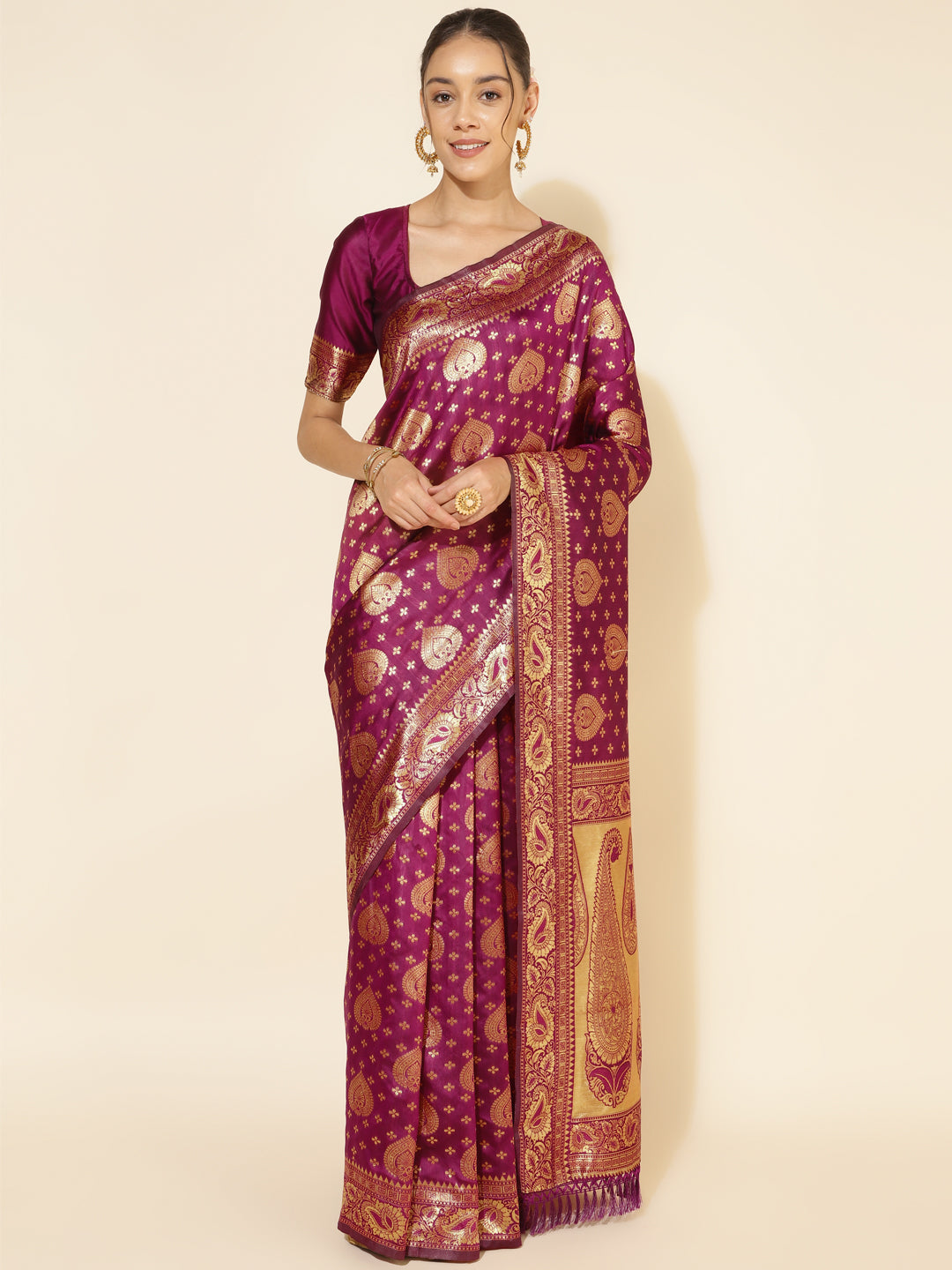 Janasya Wine Banarasi Silk Woven Ethnic Motifs Banarasi Silk Saree - Distacart