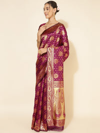 Thumbnail for Janasya Wine Banarasi Silk Woven Ethnic Motifs Banarasi Silk Saree - Distacart