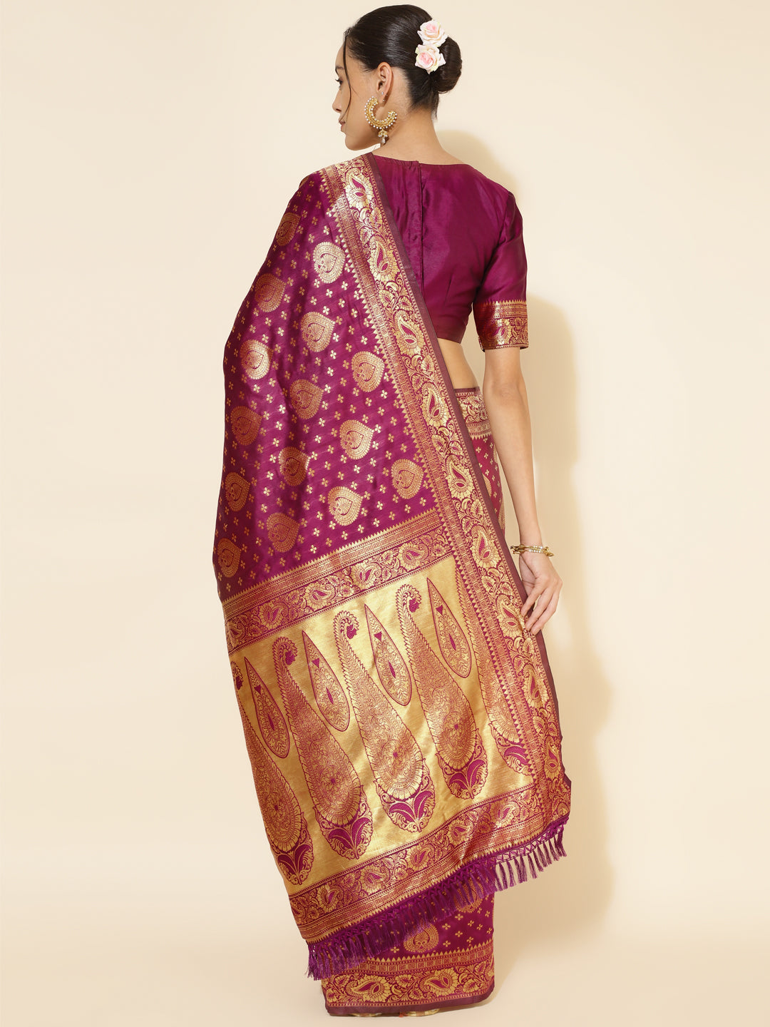 Janasya Wine Banarasi Silk Woven Ethnic Motifs Banarasi Silk Saree - Distacart