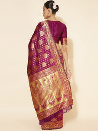 Thumbnail for Janasya Wine Banarasi Silk Woven Ethnic Motifs Banarasi Silk Saree - Distacart