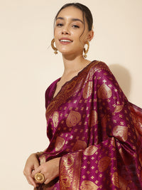 Thumbnail for Janasya Wine Banarasi Silk Woven Ethnic Motifs Banarasi Silk Saree - Distacart