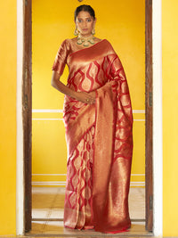 Thumbnail for Janasya Red Organza Woven Ethnic Motifs Kanjeevaram Saree - Distacart