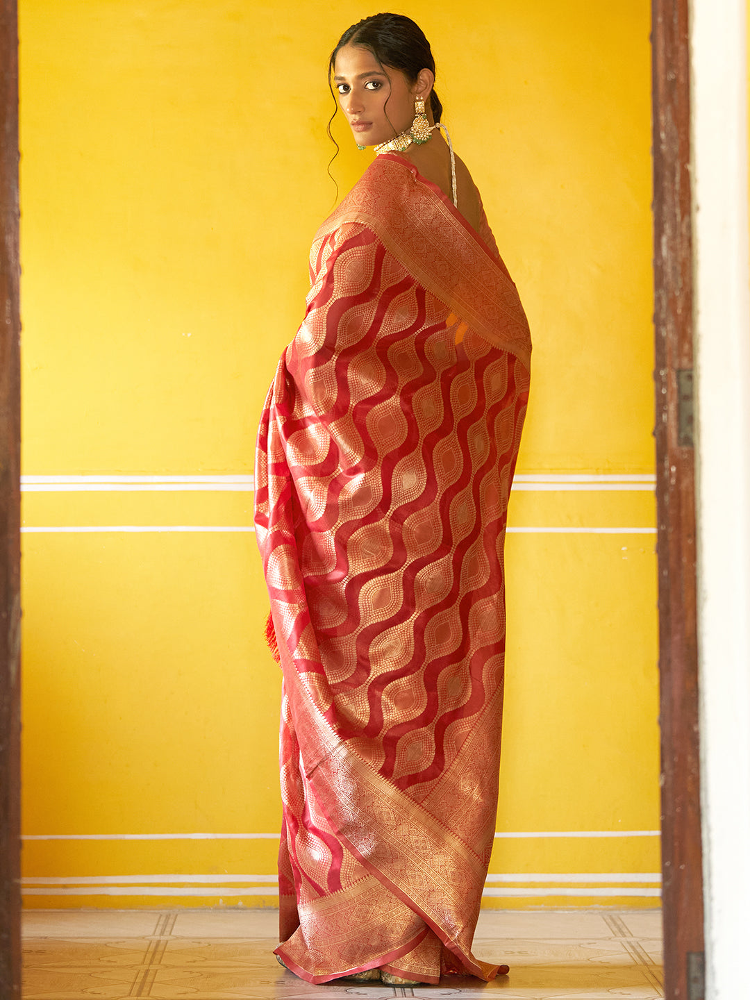 Janasya Red Organza Woven Ethnic Motifs Kanjeevaram Saree - Distacart