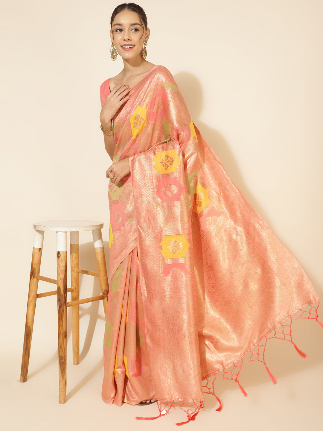 Janasya Peach Chanderi Silk Ethnic Motifs Woven Design Saree - Distacart